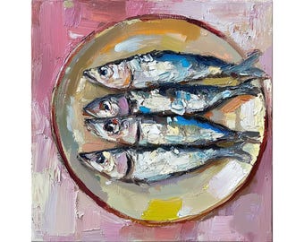 Pintura al óleo de sardinas sobre lienzo, mariscos, arte original, arte de pared de cocina, arte de pared, regalos de ArtSenya