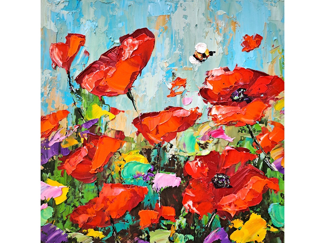 Red Poppy Oil Painting Honeybee Original Art Floral Impasto Painting ...