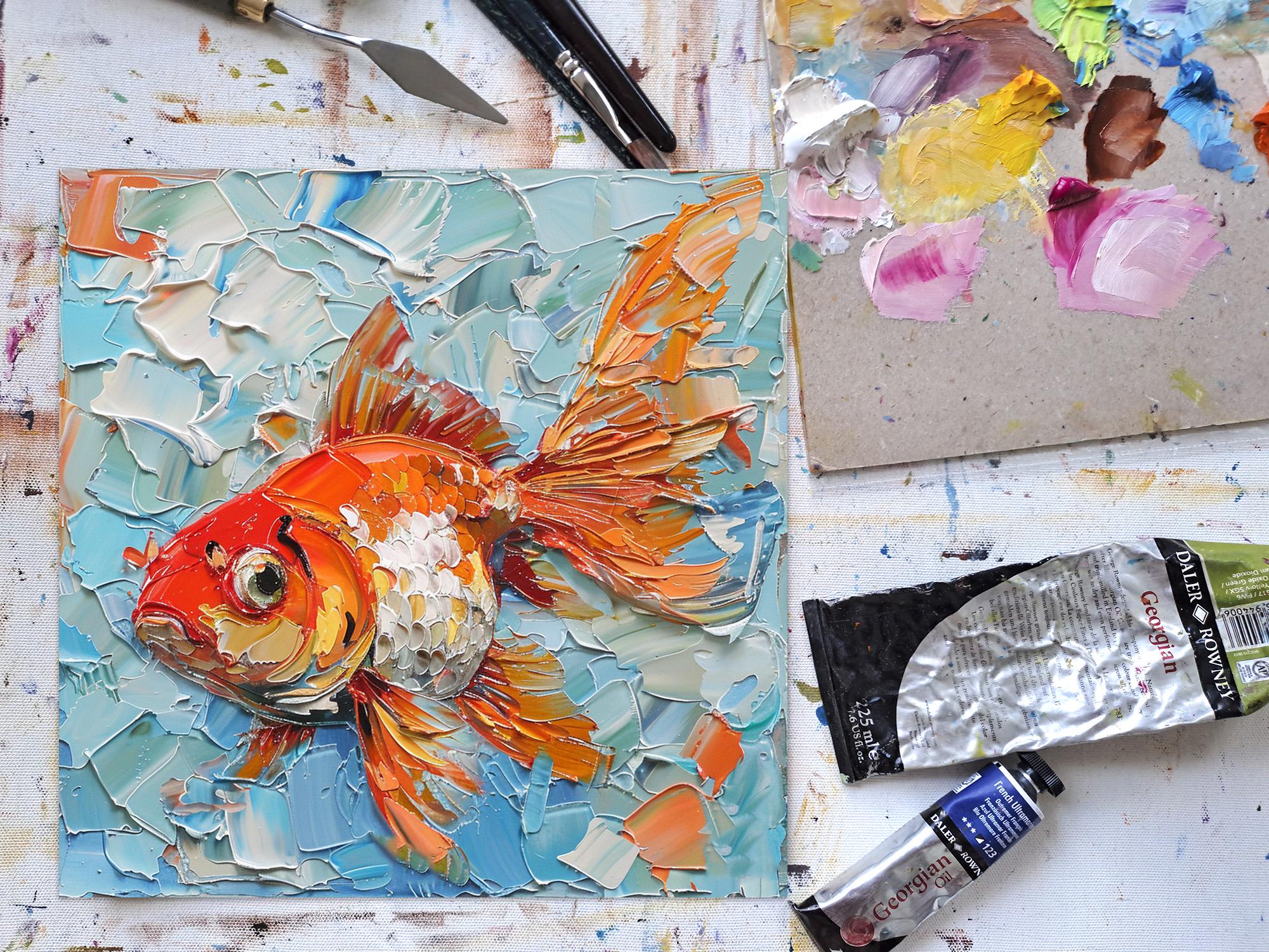 抽象的な油彩画 魚の描写 “遡上する金魚” 金魚のオリジナル絵画、抽象