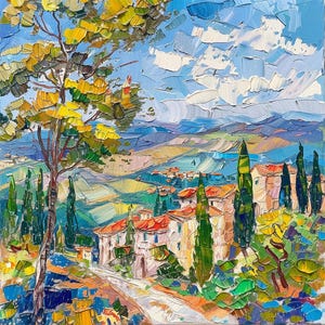 油絵トスカーナ風景 トスカーナの風景油絵 イタリア トスカーナの芸術 厚塗り絵画