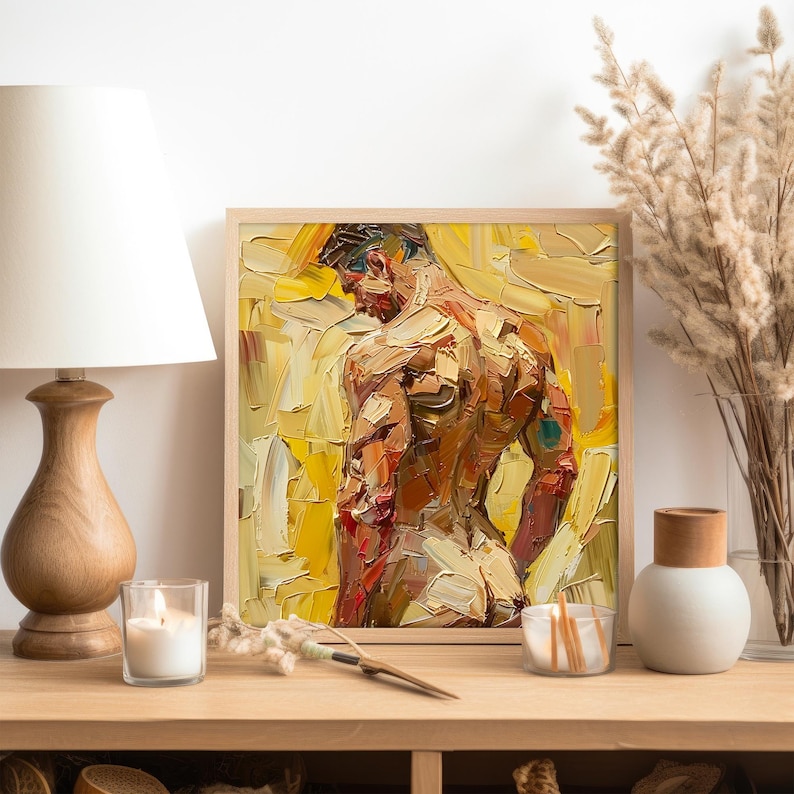 Puede incluir: Una pintura de una figura masculina desnuda con un fondo amarillo. La figura est&aacute; de espaldas al espectador y tiene una complexi&oacute;n musculosa. La pintura est&aacute; realizada en un estilo suelto y expresivo con pinceladas visibles.