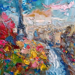 Paris Cityscape Impasto Oil Painting Abstract Flowers Original Art France Wall Art Decor Travel Gifts by ArtSenya