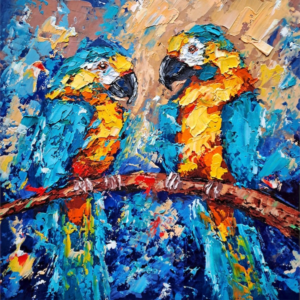 Blue Ara Parrot Oil Painting Bird Original Art Couple Animals Impasto Artwork Mother's Day Gift by ArtSenya