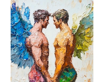 Pintura romántica de ángel masculino, arte mural de pareja gay, obra de arte figurativa al óleo con textura original, regalo para él de ArtSenya