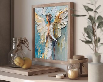 天使の油絵 天使の羽 厚塗り オリジナル ファインアート 女性 天使 壁