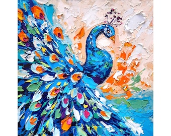 Peacock Painting Birds Original Fine Art Animals Impasto Artwork Textured Wall Art