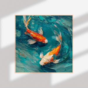 May include: Square framed artwork featuring two koi fish swimming in a teal-colored pond. The fish are orange and white, with textured brushstrokes creating a sense of movement and depth. The painting has a modern, artistic style.