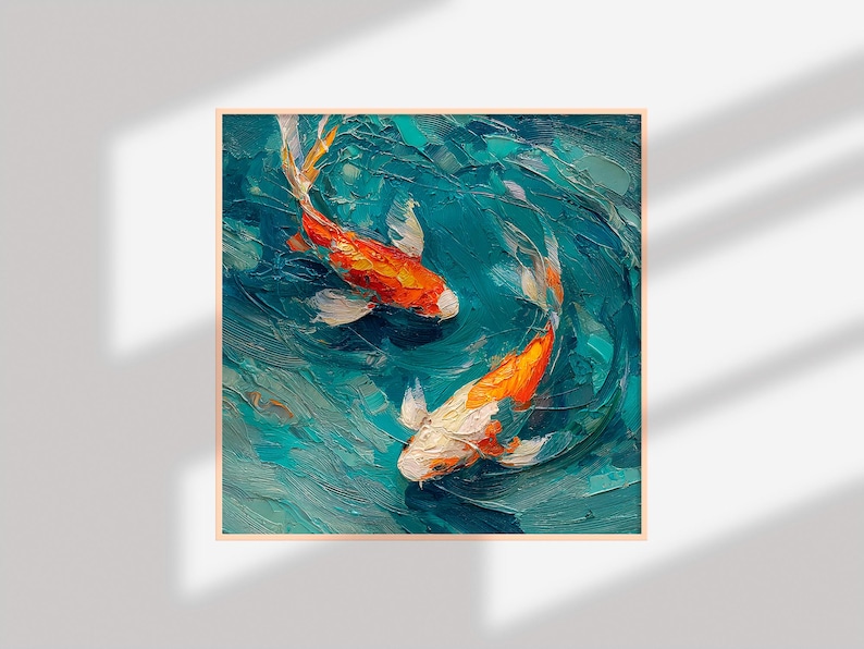 May include: Square framed artwork featuring two koi fish swimming in a teal-colored pond. The fish are orange and white, with textured brushstrokes creating a sense of movement and depth. The painting has a modern, artistic style.