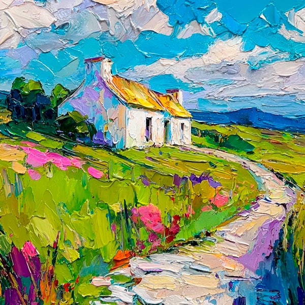 Dipinto impasto di cottage irlandese: tela con paesaggio floreale colorato