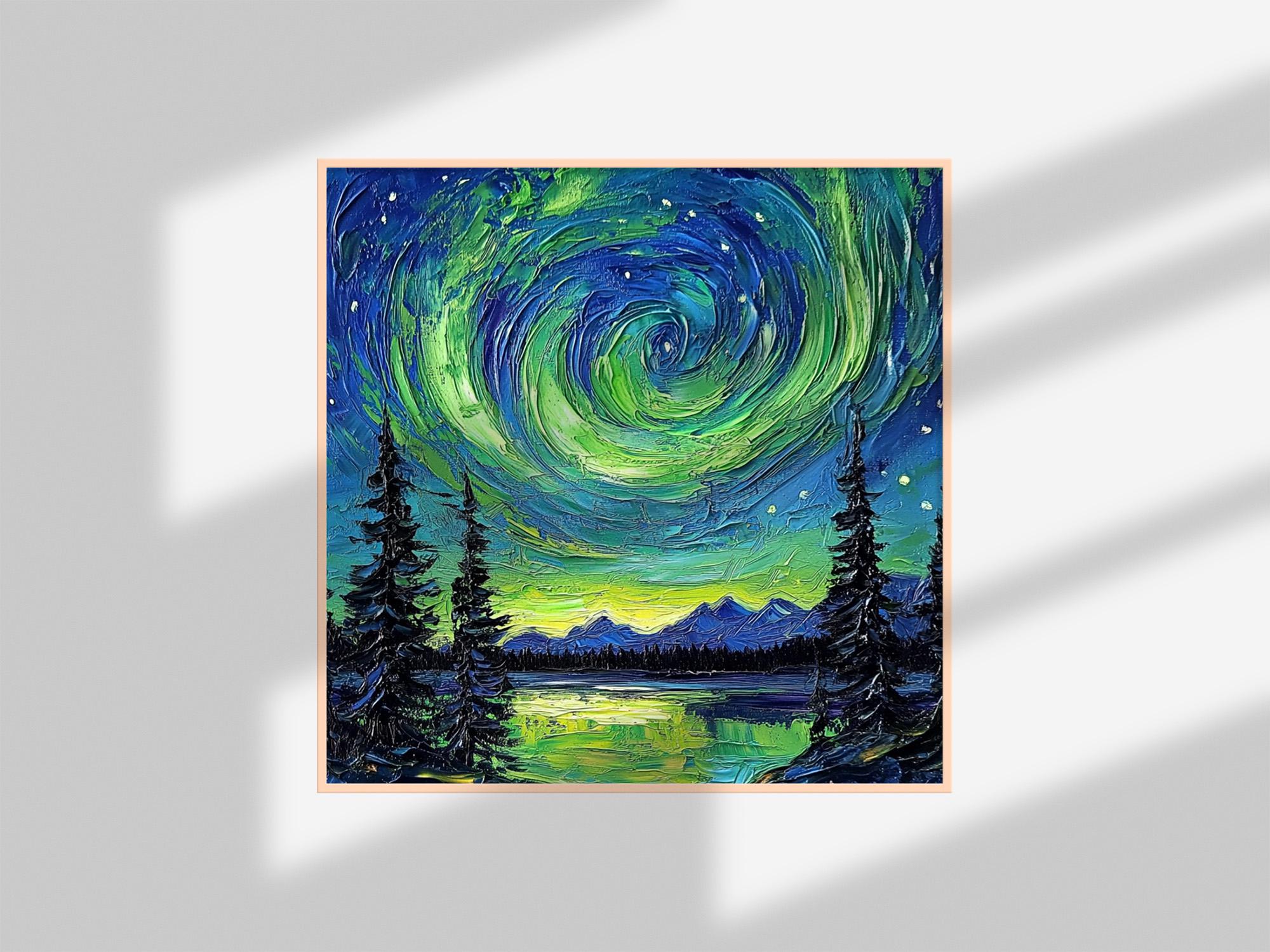 Aurora Borealis Oil Painting: Impasto Northern Lights Landscape on