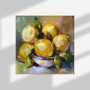 May include: A still life painting of a bowl of lemons with green leaves. The lemons are yellow and the bowl is white with blue and gold accents.