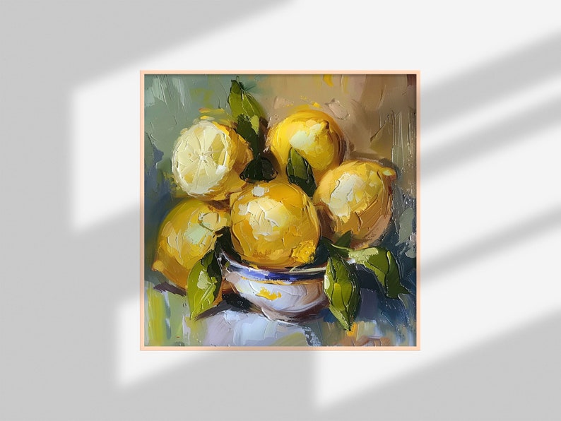 May include: A still life painting of a bowl of lemons with green leaves. The lemons are yellow and the bowl is white with blue and gold accents.