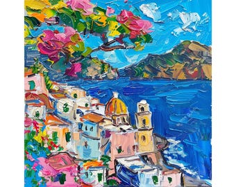 ポジターノの絵画：アマルフィ海岸のオリジナル油絵、イタリア（8x10