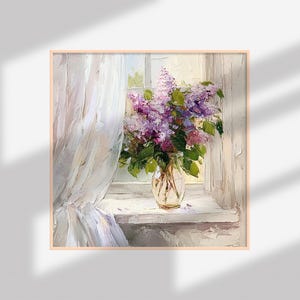 May include: A painting of a bouquet of purple lilacs in a clear glass vase on a windowsill. The vase is sitting on a white windowsill with a white curtain in the background.
