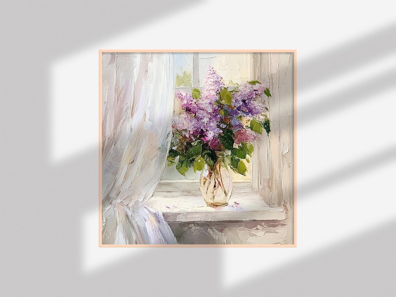 May include: A painting of a bouquet of purple lilacs in a clear glass vase on a windowsill. The vase is sitting on a white windowsill with a white curtain in the background.
