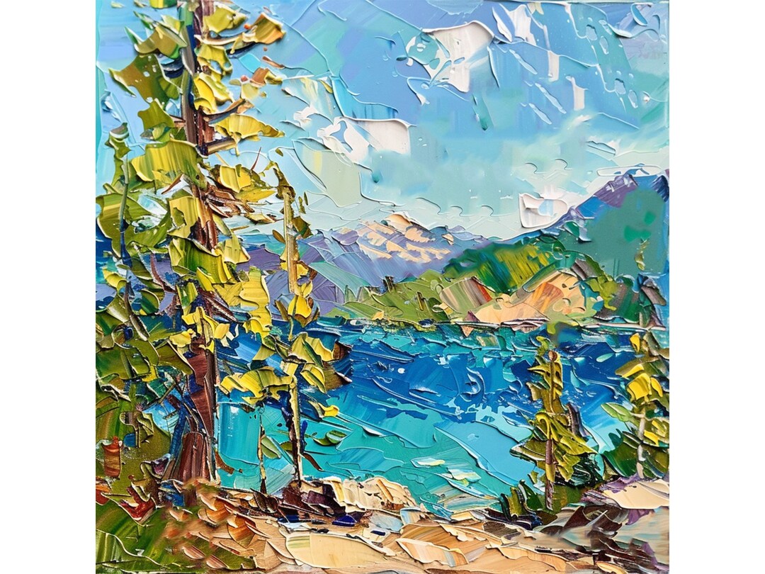 Lake Tahoe Oil Painting Pine Trees Impasto Original Fine Art California ...