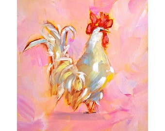 White Rooster Painting Bird Original Art Farm Animals Oil Painting