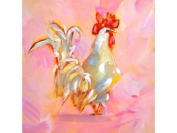 White Rooster Painting Bird Original Art Farm Animals Oil Painting by ArtSenya