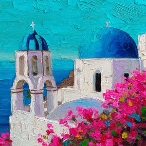 Santorini Oil Painting Greece Wall Art Textured Impasto Coastal Church Dome Mediterranean Travel Decor by ArtSenya