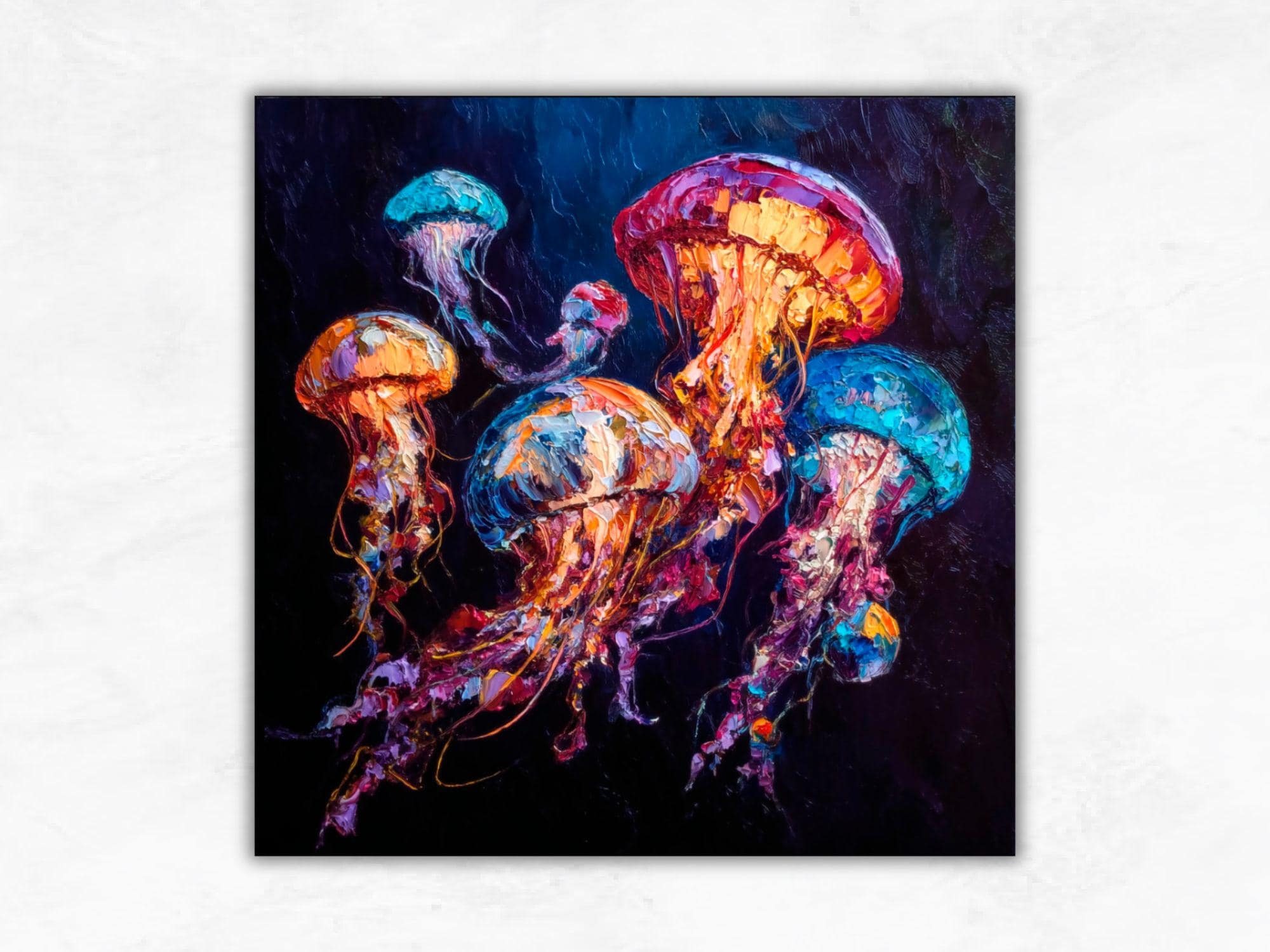 花クラゲ　油彩画 クラゲの絵画：油彩画による海のアート、カラフルな海の生き物