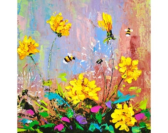 Dandelion Painting Bee Original Art Floral Impasto Oil Painting Honeybee Wall Artwork by ArtSenya