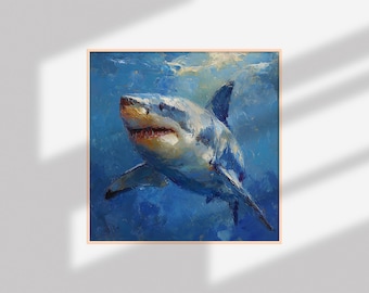 サメの大きな油絵 海洋壁アート ホホジロザメ キャンバス 海洋生物