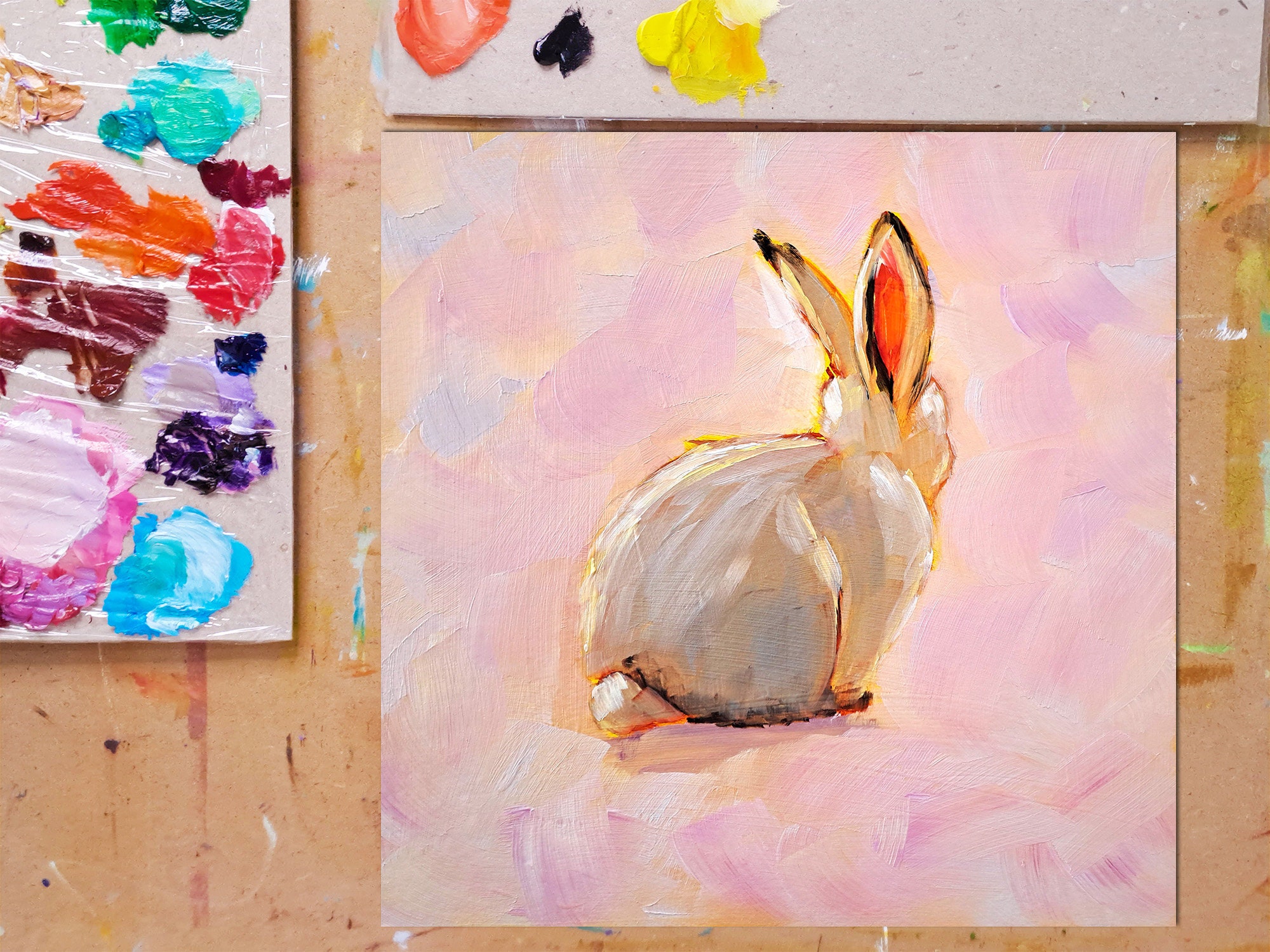 ウサギの絵画：ウサギのオリジナルアート動物油絵ペットの肖像画壁