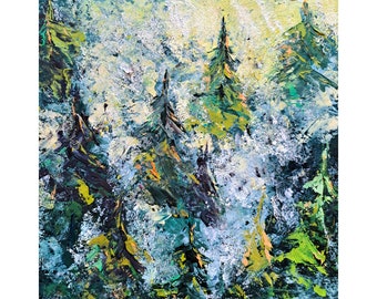 Smoky Mountains Ölgemälde Nebelwald Original Kunst Kiefern Impasto Kunstwerk Neutrales rustikales minimalistisches Dekor von ArtSenya