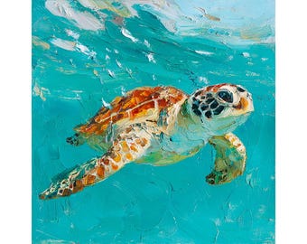 Impasto Sea Turtle Painting: Coastal Ocean Art, Marine Wildlife