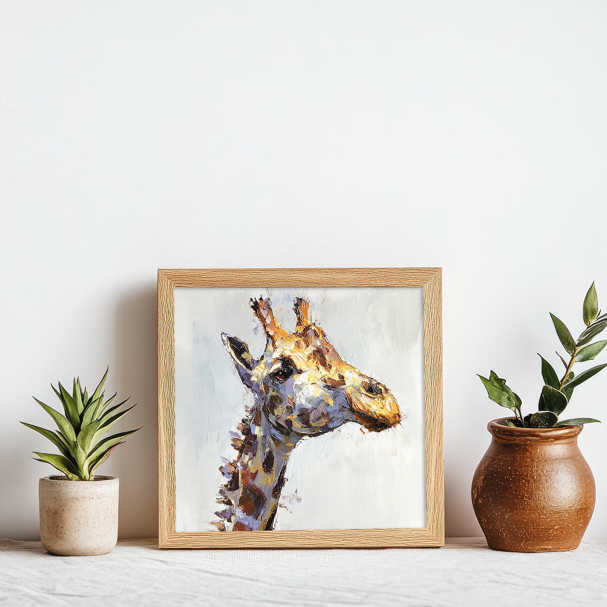 キリンの油絵：インパスト動物アートテクスチャ野生動物壁装飾モダン