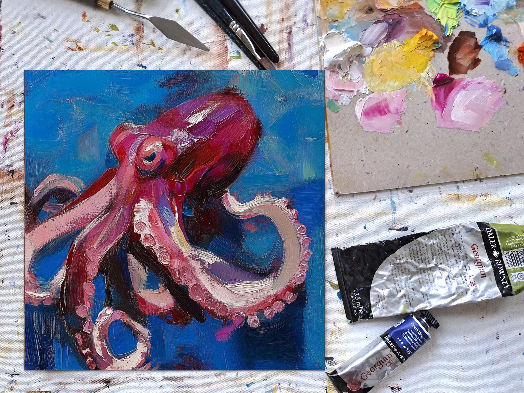 タコの絵画：オリジナル油絵、水中保育アート（10 x 10インチ） - Etsy