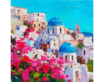 サントリーニ島の絵画 オリジナルの赤いブーゲンビリアの絵画 ゲスト