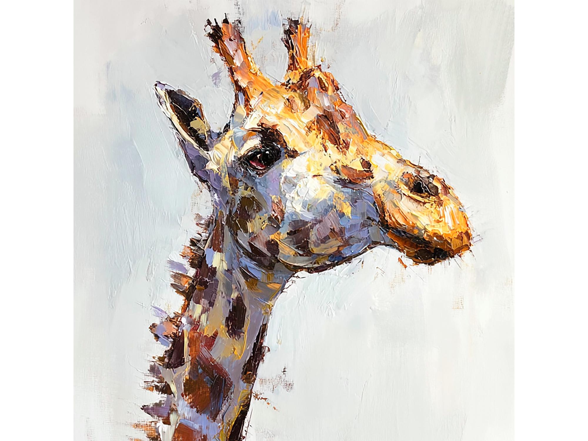 キリンの油絵：インパスト動物アートテクスチャ野生動物壁装飾モダン