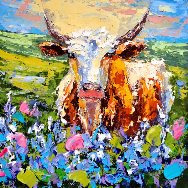 Cow Painting Longhorn Original Art Farm Animals Impasto Oil Painting Texas Bluebonnet Wall Art