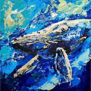 Whale Oil Painting Humpback Whale Original Art Sea Animals Impasto Oil Painting Underwater Wall Art by ArtSenya