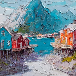 Lofoten Norway Village Oil Painting Coastal Mountain Landscape Impasto Wall Art Colorful Nordic Cabin Art Scandinavian Decor by ArtSenya