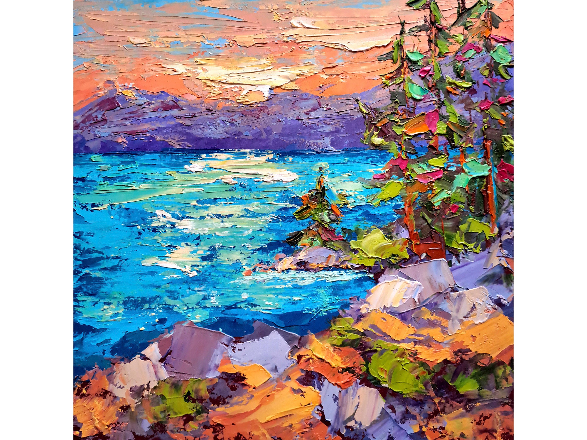 Tahoe Lake Oil Painting California Original Art Pine Trees Impasto ...