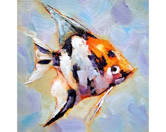 Scalar Fish Painting Sea Animals Original Art Angelfish Oil Artwork Fish Lover Art