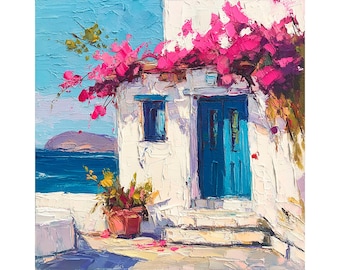Greek Island Impasto Oil Painting: Mediterranean Seascape Art