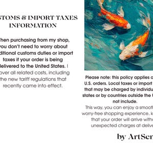 May include: An artistic painting of two koi fish in a turquoise pond. The fish are orange and white, with detailed scales and fins. The artwork is signed "by ArtSenya" and includes text about customs and import taxes.