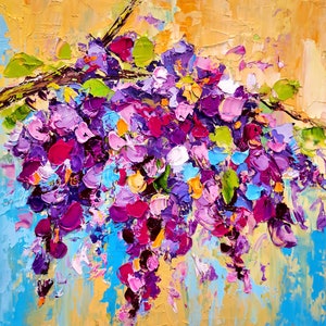 Wisteria Painting Floral Original Art Flowers Impasto Oil Painting Abstract Wall Art by ArtSenya