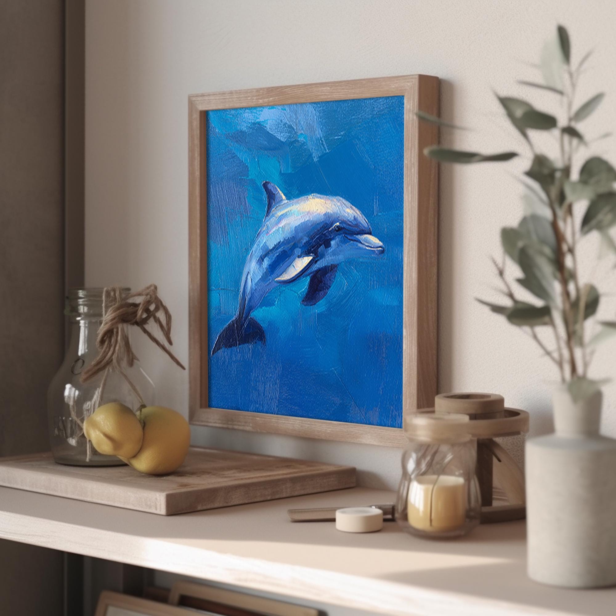 イルカの絵画：海のキャンバスアート、青い海の動物の油絵 - Etsy 日本