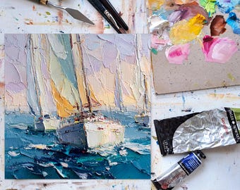 インパストヨット絵画：帆船レガッタ、海景油絵 - Etsy 日本