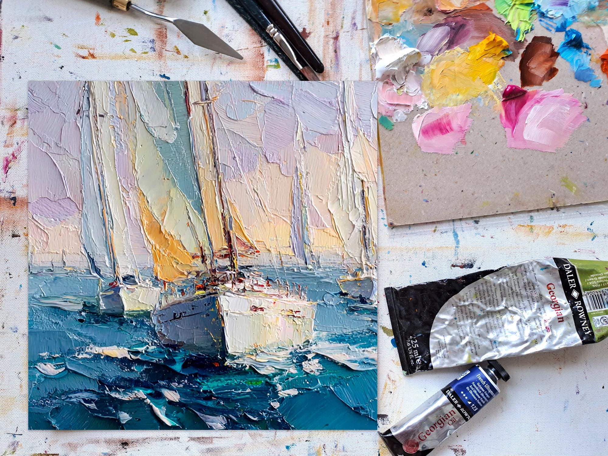 インパストヨット絵画：帆船レガッタ、海景油絵 - Etsy 日本