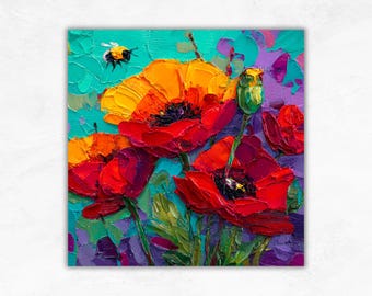 Red Poppies Oil Painting: Bee Floral Impasto Art, Summer Bloom Decor