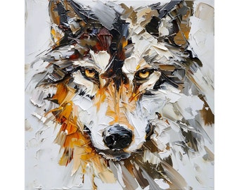 若いオオカミを描いた油絵、動物アートのオリジナル作品、ミコラ