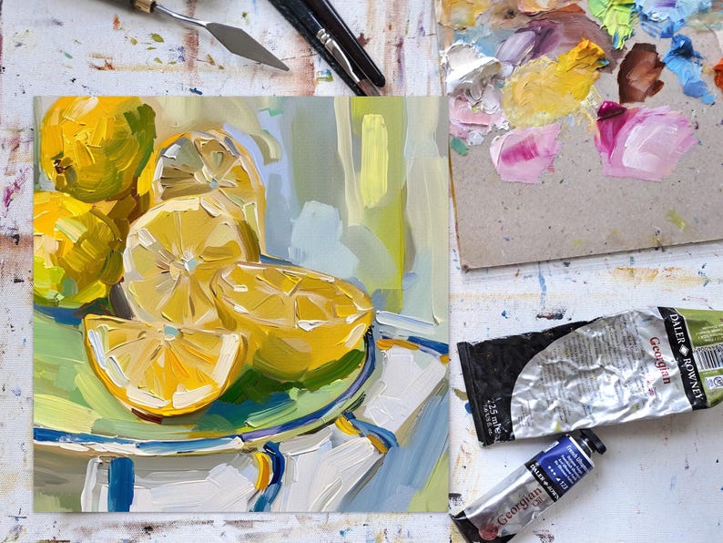 Lemon Canvas Art Still Life Original Painting on Canvas Kitchen Wall