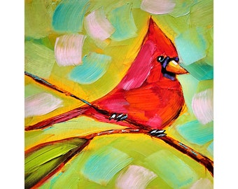 ArtSenya, peinture à l'huile cardinal rouge, oeuvre d'art animalière originale pour amoureux des oiseaux, 25 x 10 po. Cadeaux pour elle