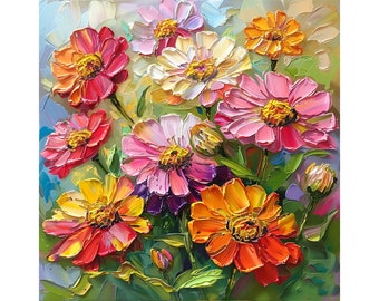 Zinnia Flowers Oil Painting Meadow Scene Original Impasto