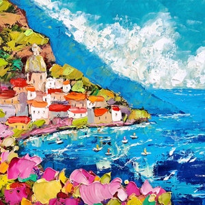 Positano Painting On Canvas Italy Original Art Amalfi Coast Impasto Oil Painting Mountain Artwork